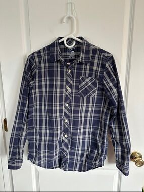 Boy’s Navy Grey Plaid Button-Up Shirt